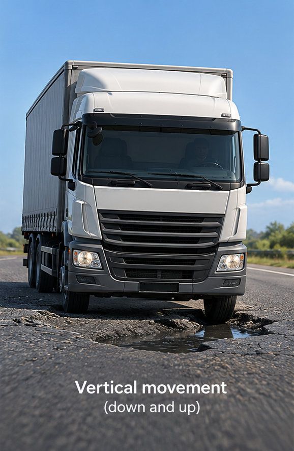 A lorry with one wheel dipping into a pothole — vertical movement